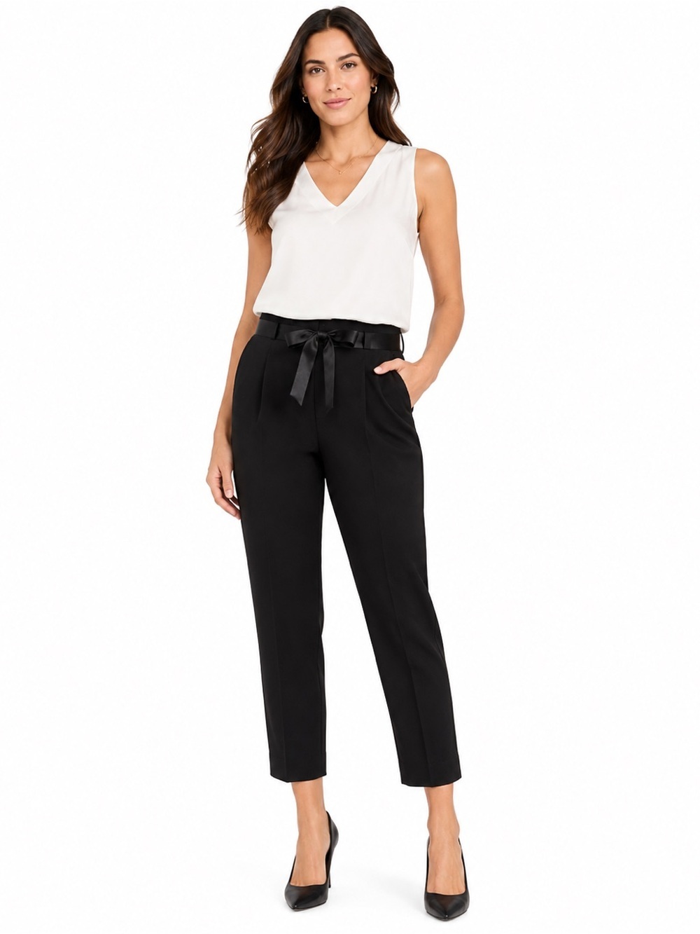 Barneys New York Women’s Ankle Pleat Dress Pants Ribbon Belt 10 Black